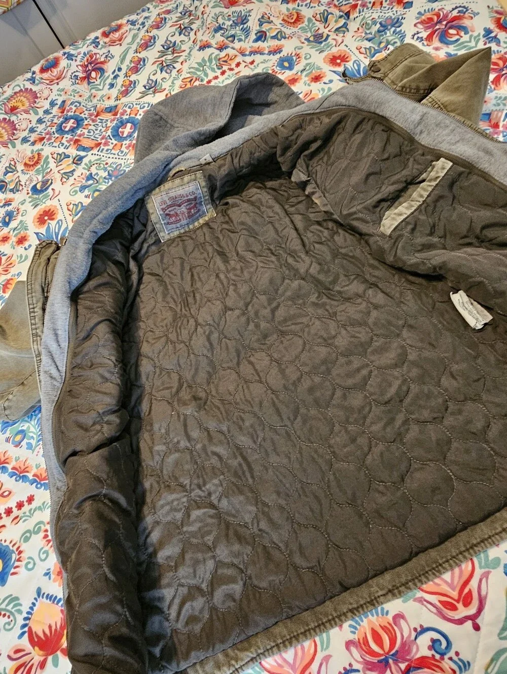 Levi Strauss Mens M Layered Hooded Canvas Trucker Jacket Washed Olive Green